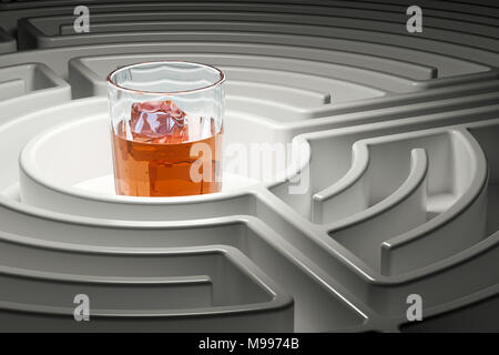 Alkoholismus Konzept. Glas mit Alkohol trinken im Labyrinth Labyrinth, 3D-Rendering Stockfoto