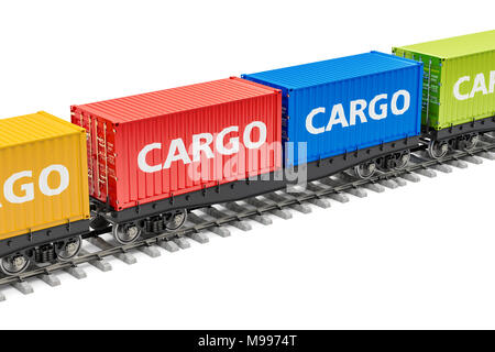 Güterzug mit Cargo Container, 3D-Rendering auf weißem Hintergrund Stockfoto