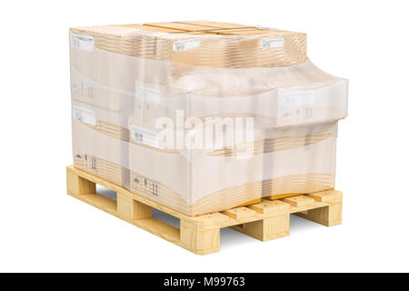 Holzpalette mit Paketen in der Stretchfolie gewickelt, 3D-Rendering auf weißem Hintergrund Stockfoto