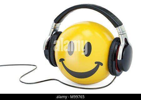 Gelbes emoticon Lächeln mit Kopfhörer, 3D-Rendering Stockfoto