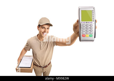 Lieferung Kerl mit einem Payment Terminal auf weißem Hintergrund Stockfoto