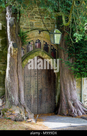 Bäume wachsen in einer der Türen St. Edwards Church, Stow-on-the-Wold, Cotswolds, Gloucestershire, England Stockfoto