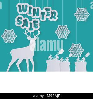 Winter Saison mit Rehen, Geschenk, Schnee, Schneeflocken und Text in Papier Kunst und digitale Handwerk Stil Stock Vektor