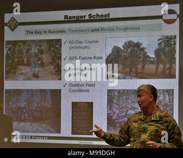 Brig. Gen. James Bonner, der Kommandant der 20. Chemische, biologische, nukleare, radiologische, Sprengstoffe (CBRNE) Befehl spricht mit der Penn State Baseball Team über seine Erfahrungen in Ranger Schule. Der trainerstab der Nittany Lions Baseball Team bat Bonner auf Führung als das Team Ripken Stadium in Aberdeen, Md., zu sprechen Feb 10. Stockfoto