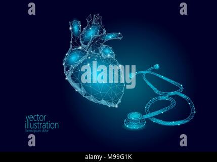 World Heart Tag Gesundheit Bewusstsein Infarkt Angriff zu verhindern. Medizin Low Poly menschliche Organ Stethoskop polygonalen geometrischer Vektor illustration Kunst machen Stock Vektor