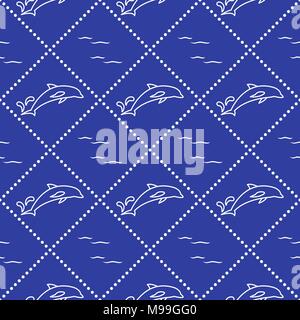 Nahtlose Muster mit Delphinen, Spritzern und Wellen. Design für Banner und Drucken. Stock Vektor