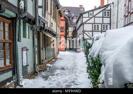 Welterbestadt Quedlinburg im Winter mit Schnee Winterimpressionen Stockfoto