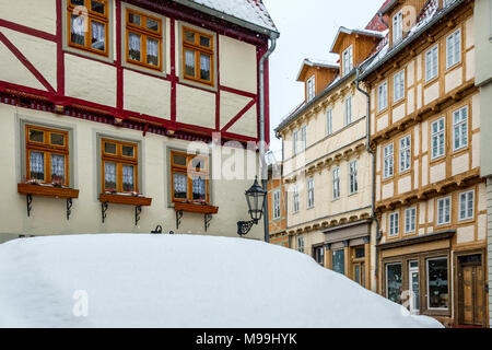 Welterbestadt Quedlinburg im Winter mit Schnee Winterimpressionen Stockfoto