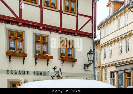 Welterbestadt Quedlinburg im Winter mit Schnee Winterimpressionen Stockfoto