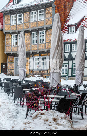 Welterbestadt Quedlinburg im Winter mit Schnee Winterimpressionen Stockfoto