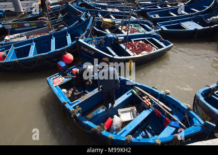 Blau lokalen offenen einzigen bemannten Fischerboote fest zusammen im Hafen festgemacht. Stockfoto