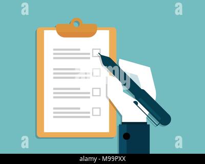 Abbildung der menschlichen Hand mit Stift und Checkliste vector Hintergrund Stock Vektor