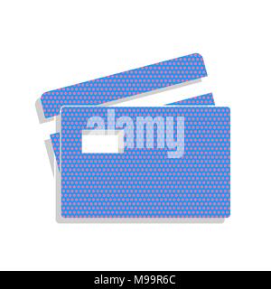 Kreditkarte anmelden. Vektor. Neon Blau Symbol mit Cyclamen Polka Dots Muster mit hellgrauen Schatten auf weißem Hintergrund. Isoliert. Stock Vektor
