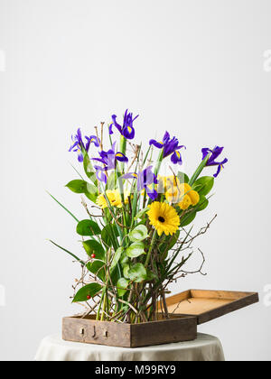 Einfache Holzkiste mit sehr hellen Schönen Blumenstrauß: Gerbera, dekorative Chrysantheme, Iris. Konzept für florale Grußkarte. Eco styl Stockfoto