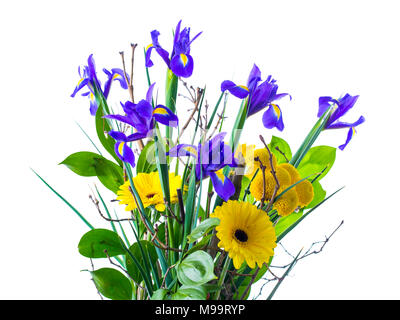 Einfache Holzkiste mit sehr hellen Schönen Blumenstrauß: Gerbera, dekorative Chrysantheme, Iris. Konzept für florale Grußkarte. Eco styl Stockfoto
