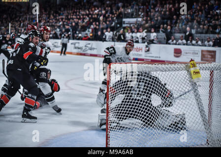 Deutschland, NŸrnberg, Arena NŸrnberger Versicherung, 23.03.2018, Eishockey - DEL Playoffs Viertelfinale, Spiel 5 - Thomas Sabo Ice Tigers vs. Kšlner Haie - Bild: TorhŸter Niklas Treutle (Ice Tigers, #31) Bausteine einer engen Spanne Schuß von Philip Gogulla (Kšlner Haie, #87). Foto: HMB Medien/Ryan Credit: Ryan Evans/Alamy leben Nachrichten Stockfoto