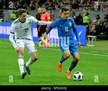 Moskau, Russland - 23. März 2018. Russische Mittelfeldspieler Aleksei Miranchuk und brasilianischen offensive Mittelfeldspieler Philippe Coutinho beim internationalen Test Match vs Brasilien Russland in Moskau. Credit: Alizada Studios/Alamy leben Nachrichten Stockfoto