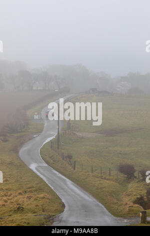 Flintshire, Wales, UK 24 UK Wetter: kühl Misty und in Teilen foggy Start in den Tag für einige heute Morgen mit der Aussicht auf Regen und feuchten Bedingungen zum Verweilen ein. Ein Kraftfahrer auf einer gewundenen Feldweg als Nebel bedeckt die Landschaft in der Nähe des Dorfes von moel-y-Crio, Flintshire Stockfoto