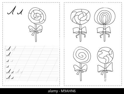 Buchstaben des Alphabets tracing Arbeitsblatt mit russischen Buchstaben des Alphabets - Lollipop Stock Vektor