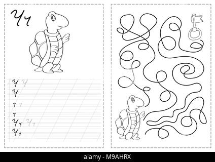 Buchstaben des Alphabets tracing Arbeitsblatt mit russischen Buchstaben des Alphabets - Schildkröte Stock Vektor