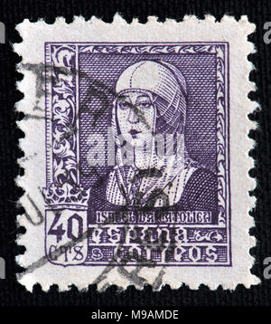 Vintage Stempel der Isabella I. von Kastilien, der historischen Königin von Kastilien und León. Wert 40 cts. Gedruckt in Spanien im Jahre 1938. Stockfoto