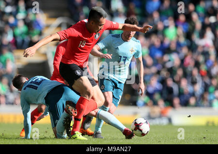 Nordirlands Oliver Norwood (links) und Südkoreas Kim Shin-Wook Kampf um den Ball während der internationalen Freundschaftsspiel im Windsor Park, Belfast. Stockfoto