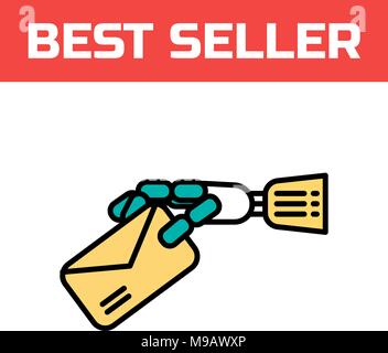 Roboterhand mit einem Buchstaben Symbol. Cyber Handschuh für virtuelle Realität. Innovative digitale Eingabegerät. Modernes logo Konzept. Dünne Linie Vektor illustr Stock Vektor