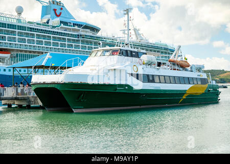 Jaden Sonne, Antigua, Montserrat Fähre, Heritage Quay Pier, St. John's, Antigua Stockfoto