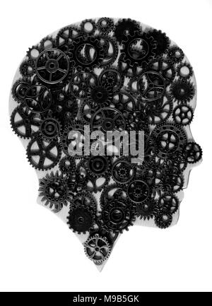 Menschlichen Kopf Modell mit Zahnrädern auf Weiß Stockfoto