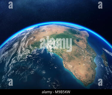 Erde gesehen vom Weltraum aus mit Schwerpunkt Afrika. Detaillierte 3D-Render gegen dunkle Sternenhimmel (Elemente dieses Rendern von der NASA ausgestattet)