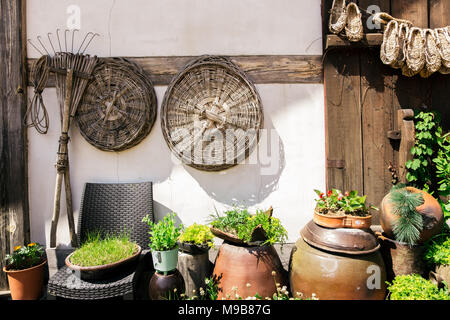 Landwirtschaftliche Maschinen und jangdokdae (Gläser) und Blumentopf vor Koreanischen altes Haus Stockfoto