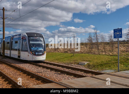 Ein Edinburgh Tram Annäherung an eine Station auf dem neuen System, das Edinburgh Tram vom Stadtzentrum zum Flughafen Edinburgh läuft. Stockfoto