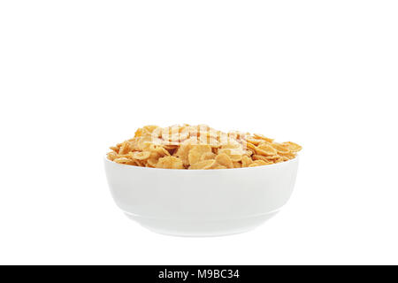 Cornflakes Frühstück Müsli in einer weißen Schüssel auf weißem Hintergrund Stockfoto