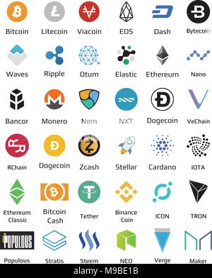 Große crypto Währung logo Münzen Bitcoin, Nem, Bindestrich, Litecoin, Monero, des Astraleums, Dash Restwelligkeit und andere Vector Illustration Stock Vektor