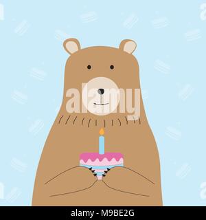 Geburtstag Konzept cute brauner Bär Holding Kuchen. Vector Illustration. Stock Vektor