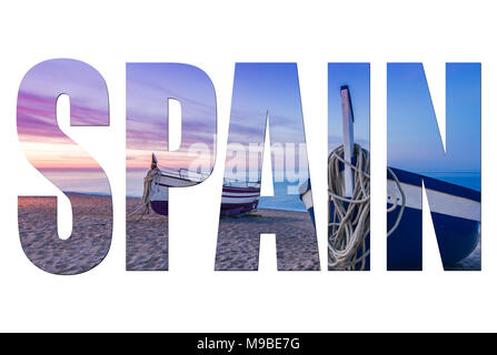 Spanien Buchstaben isoliert mit Bild, Boote am Strand Post Card Stockfoto