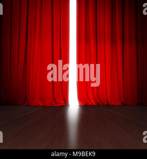 Theater rote Vorhang leicht öffnen mit hellem Licht hinter Holz Bühne und oder Szene Stockfoto