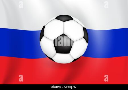 Realistische 3D-zeichnung Flagge (weiß-blau-rot) der Russischen Föderation (Russland) mit einem Fußball der schwarzen und weißen Farbe. Vector Illustration Stock Vektor