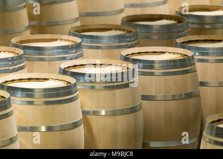 Nicht verwendete Eichenfässern in einem Weinberg wartet mit Wein gefüllt zu werden. Stockfoto