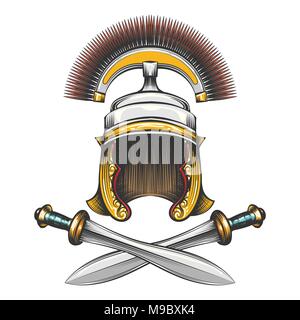 Römische Reich Hauptmann Helm mit gekreuzten Schwertern in Gravur Stil gezeichnet. Vector Illustration. Stock Vektor