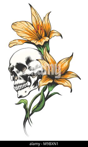 Schädel mit Gelben Orchideen gezeichnet Tattoo Stil. Vector Illustration. Stock Vektor