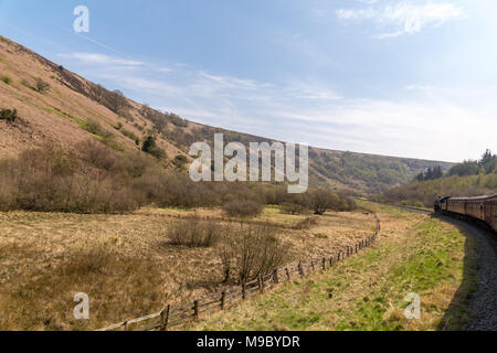 In der Nähe von Goathland, North Yorkshire, England, Großbritannien - Mai 07, 2016: ein Zug auf der North Yorkshire Moors Railway auf dem Weg zwischen Whitby und Pickering Stockfoto