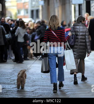 Mailand, Elena Barolo gehen mit Ihrem Hund Elena Barolo überrascht zu Fuß durch die Straßen der Innenstadt mit seiner 'Spielzeug' Wisky. Hier ist sie in der Via della Spiga, während sie nach Hause zurückkehrt. Stockfoto