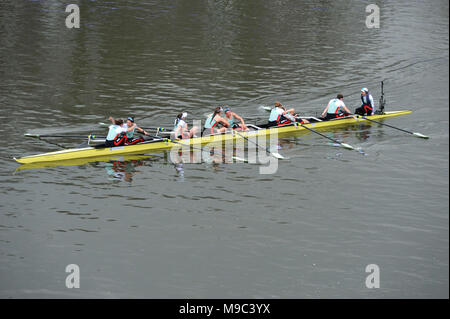 London, UK, 24. März 2018. Cambridge Frauen feiern ihren Gewinn nur nach dem Überqueren der Ziellinie in der Cancer Research UK Frauen Boat Race. Die Regatta ist eine jährliche rudern Rennen zwischen Universitäten von Oxford und Cambridge und findet alljährlich auf der Themse, zwischen Putney und Mort Credit: Michael Preston/Alamy leben Nachrichten Stockfoto