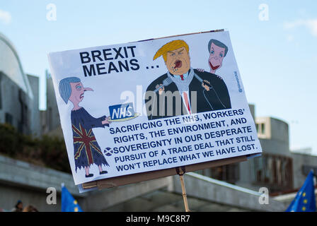 Edinburgh, Lothian, Großbritannien. 24 Mär, 2018. Ein Zeichen, das zeigt der britische Premierminister Theresa May übergabe Donald Trump Dienstleistungen im Vereinigten Königreich und auch Auflistung einige Fakten, was post brexit.Organized durch Europäische Bewegung in Schottland sowie die Junge Europäische Bewegung aus Edinburgh, Demonstranten nahmen die Straße der 1. Jahrestag des Artikel 50 zu markieren und eine '' "Demokratie auf Brexit" in Edinburgh Straßen passieren wird. Credit: Stewart Kirby/SOPA Images/ZUMA Draht/Alamy leben Nachrichten Stockfoto