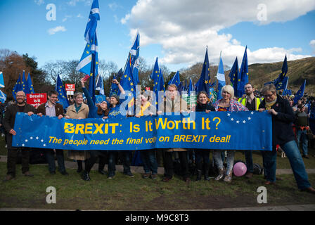 Edinburgh, Lothian, Großbritannien. 24 Mär, 2018. Eine Gruppe von Demonstranten, die leadthe Pro-EU-Protest mit einem Banner lesen'' BREXIT: Ist es das wert? Die Menschen müssen die endgültige Abstimmung über BREXIT Deal!' 'pose für den Fotografen Kameras in einer Gruppe shot.Organized durch Europäische Bewegung in Schottland sowie die Junge Europäische Bewegung aus Edinburgh, Demonstranten nahmen die Straße der 1. Jahrestag des Artikel 50 zu markieren und eine '' "Demokratie auf Brexit" in Edinburgh Straßen. Credit: Stewart Kirby/SOPA Images/ZUMA Draht/Alamy leben Nachrichten Stockfoto