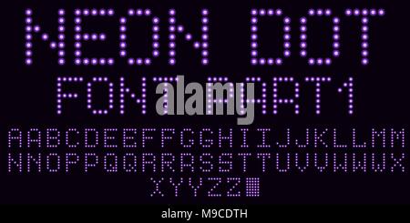 Neon dot Font in Violett, Teil 1. Vektor handgefertigte Alphabet bestehend aus Neon punkten. Großbuchstaben neon Buchstaben Stock Vektor