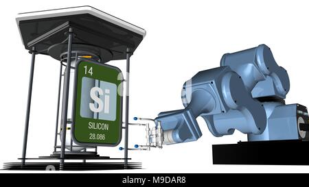 Silizium Symbol in quadratischer Form mit metallischen Kante vor einem mechanischen Arm, die eine chemische Behälter halten. 3D-Render. Element Nummer 14. Stockfoto