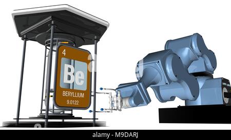 Beryllium Symbol in quadratischer Form mit metallischen Kante vor einem mechanischen Arm, die eine chemische Behälter halten. 3D-Render. Element Nr. 4 Stockfoto