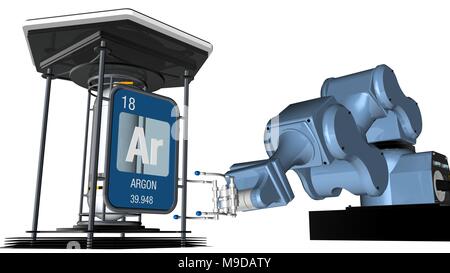 Argon Symbol in quadratischer Form mit metallischen Kante vor einem mechanischen Arm, die eine chemische Behälter halten. 3D-Render. Element Nummer 18. Stockfoto